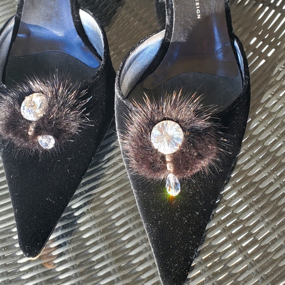 Giuseppe Zanotti Velvet Crystal Mink Kitten Mules
